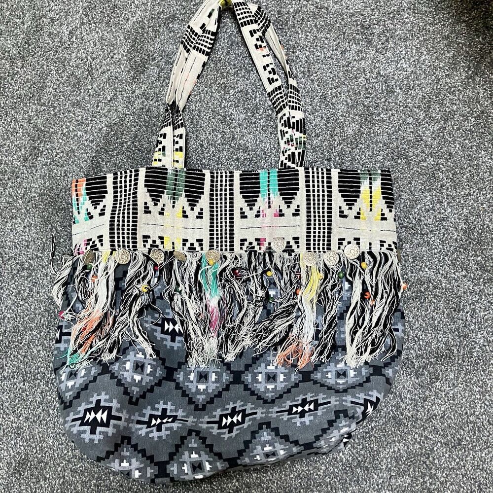 America &‎ Beyond Large Black & Beige Canvas Boho Hippie Tribal Tassel Tote Bag